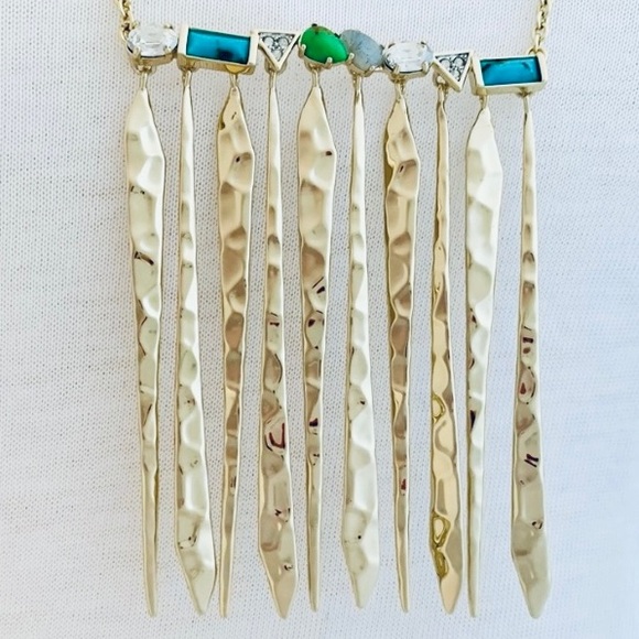 Alexis Bittar Gold Hammer Metal Fringe Gemstone Bar Turquoise Green Necklace - Picture 9 of 12